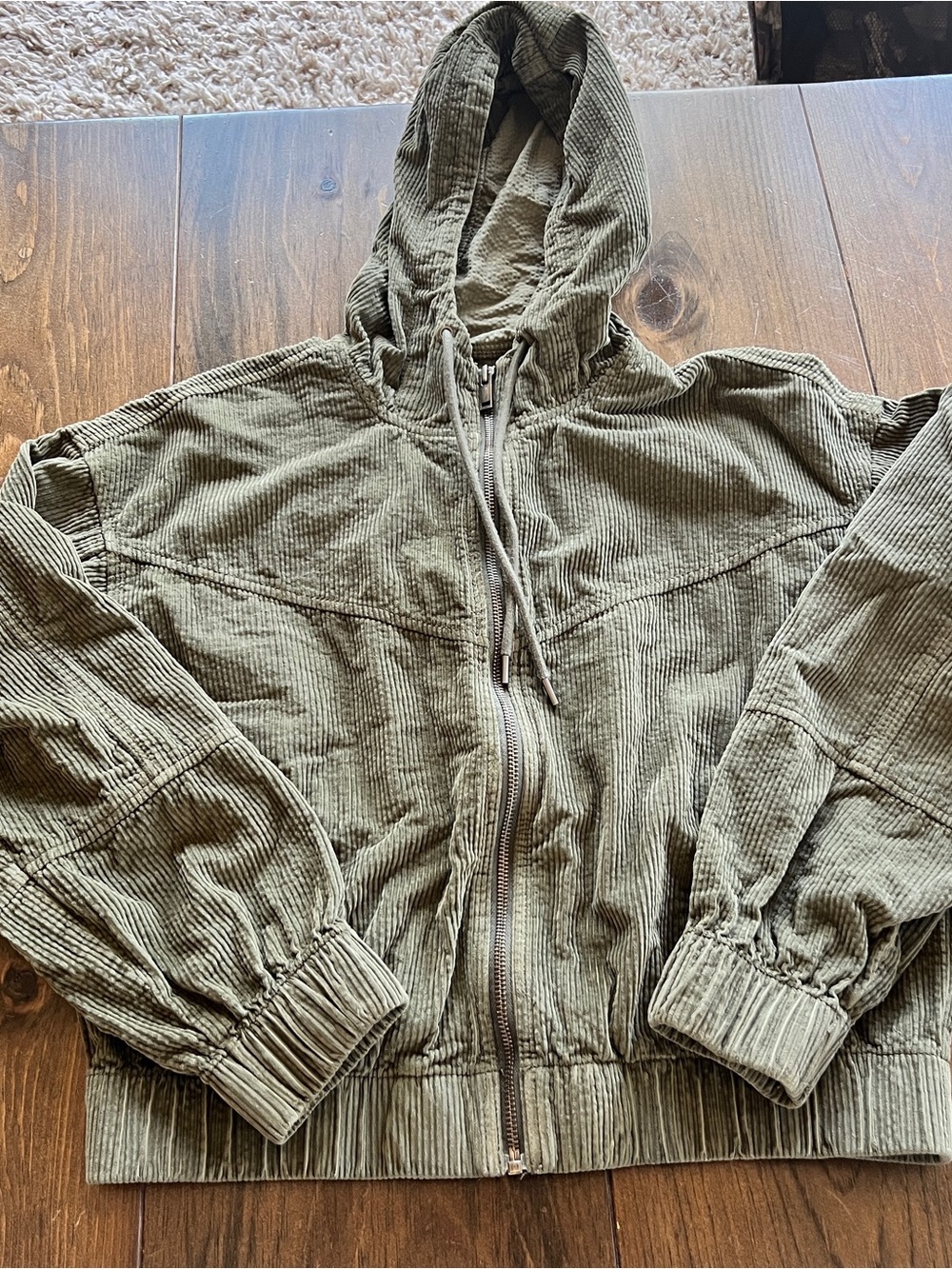American Eagle Corduroy Zip-Up Hoodie in Olive Green-small
